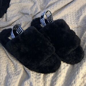 UGG Black Fluffy Slides with Logo Strap